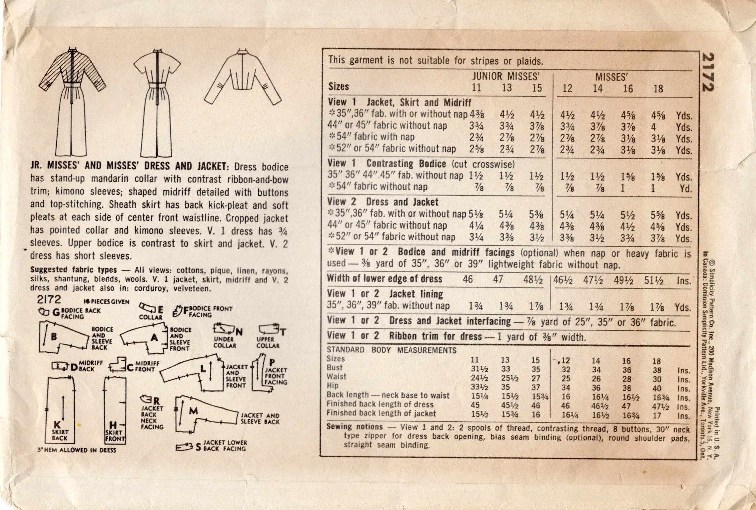 1950's Simplicity Fitted Waist Sheath Dress and Bolero Jacket - Bust 32" - No. 2172