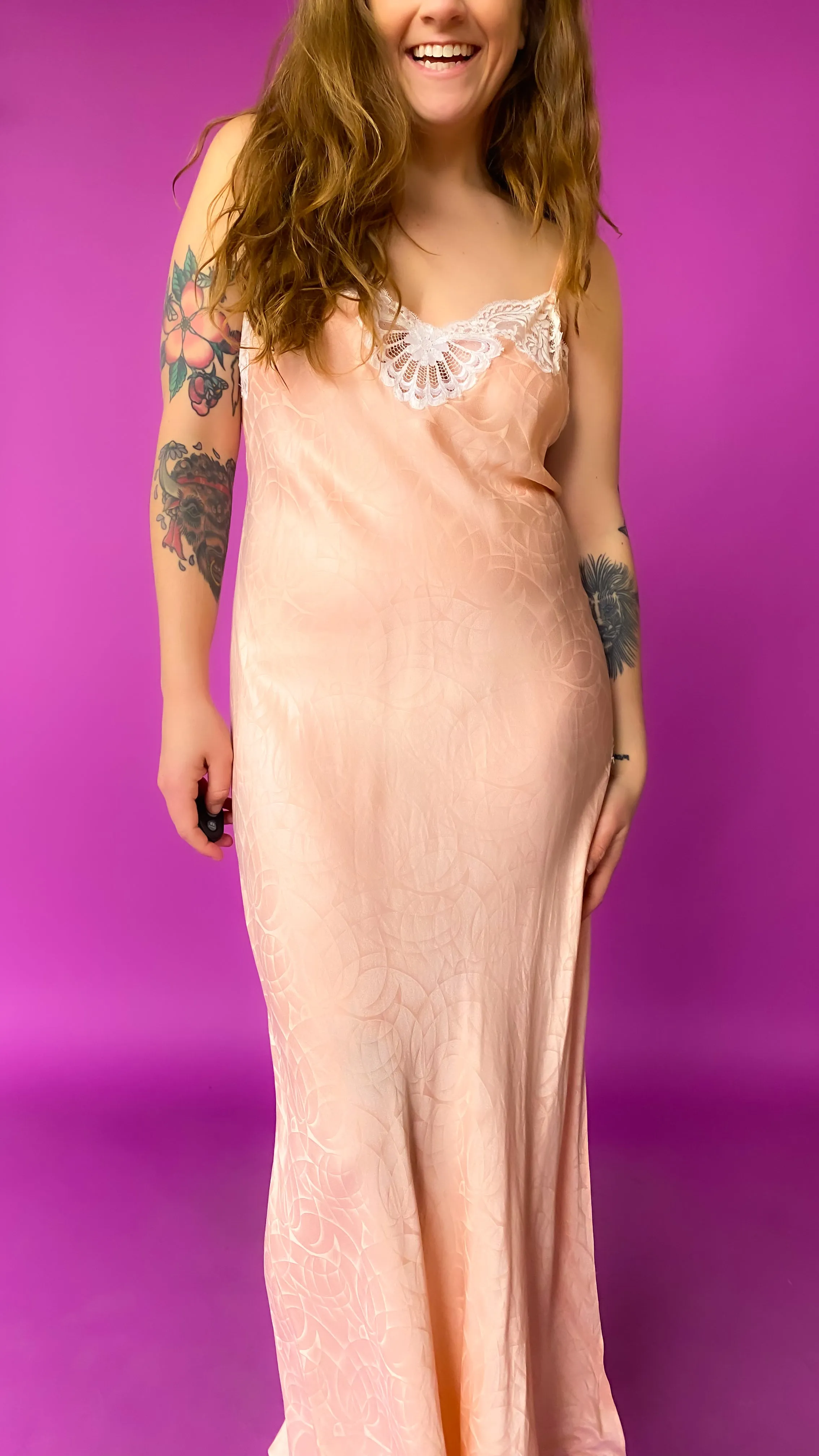 1970s Peach Lace Bias Slip Dress, sz. S