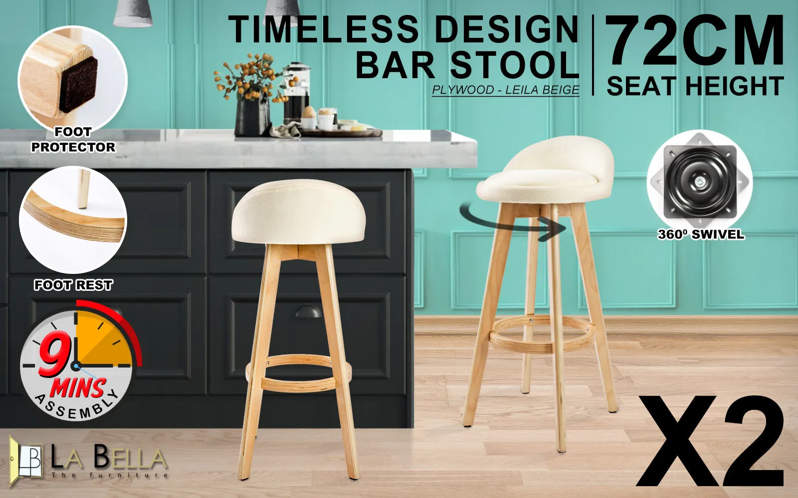 2X Padded Fabric Bar Stools 360 Swivel Beige - La Bella