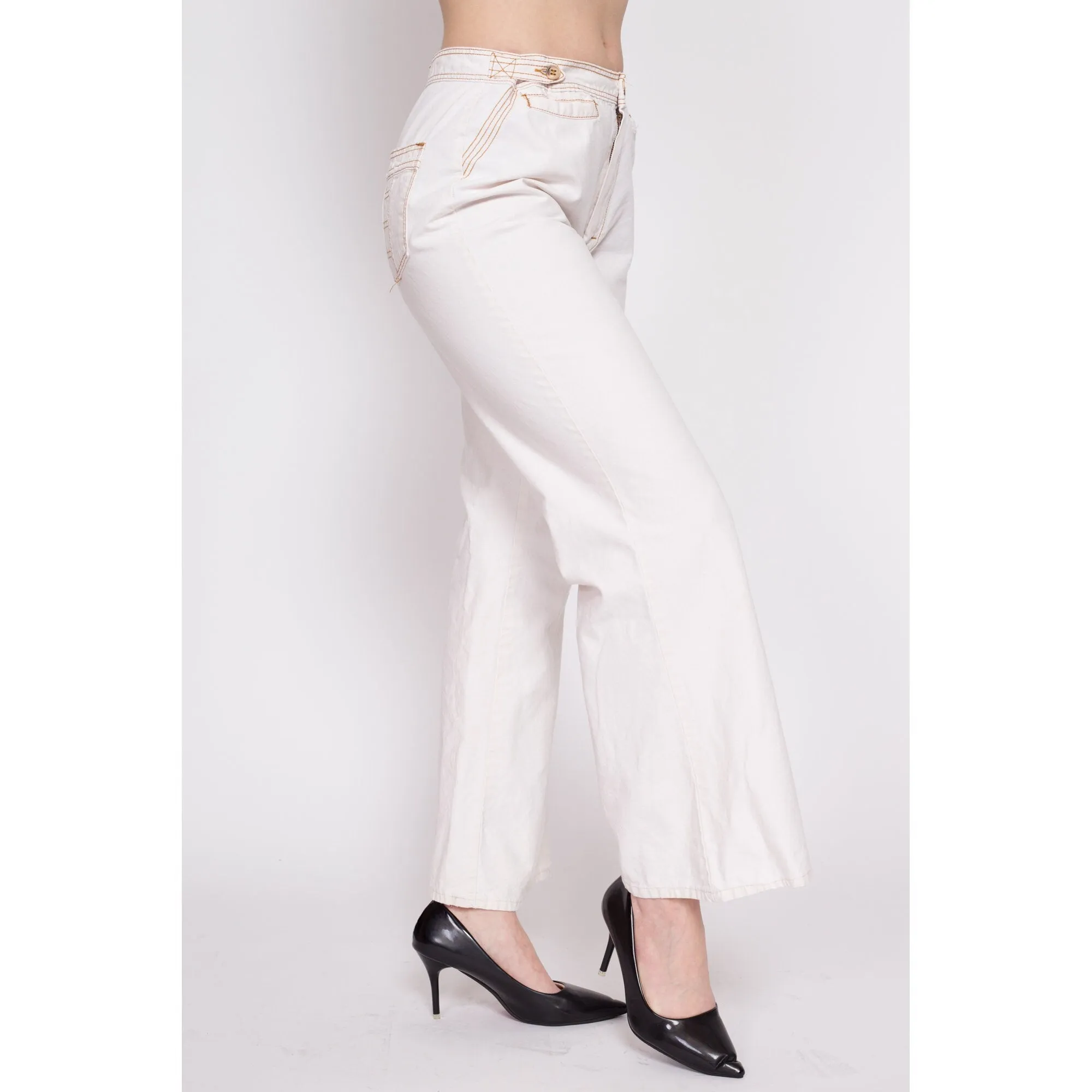 70s White Cotton Contrast Stitch Bell Bottoms - Men's Small, Women's Medium