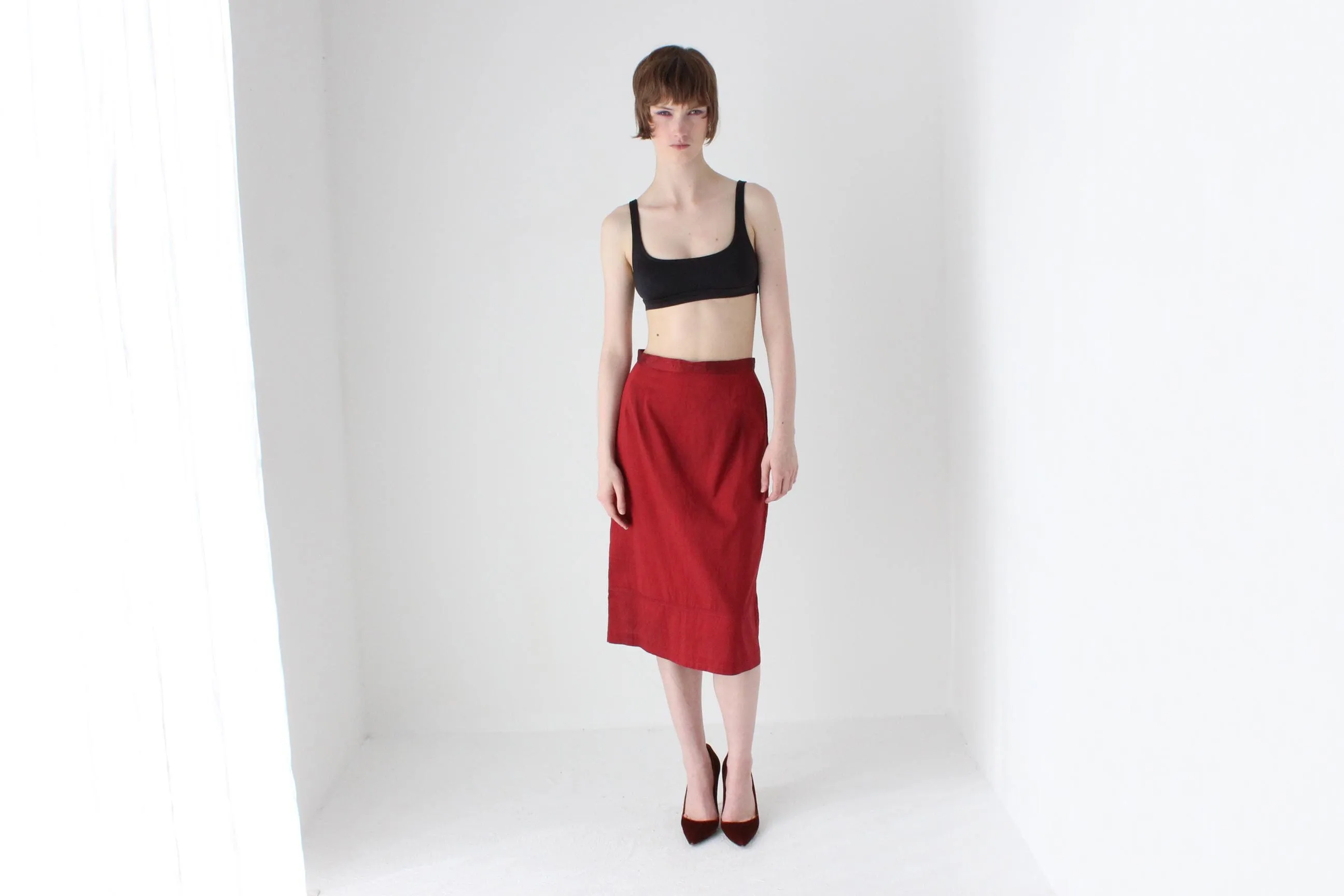 90s Red Silk Simple Knee Length Column Skirt