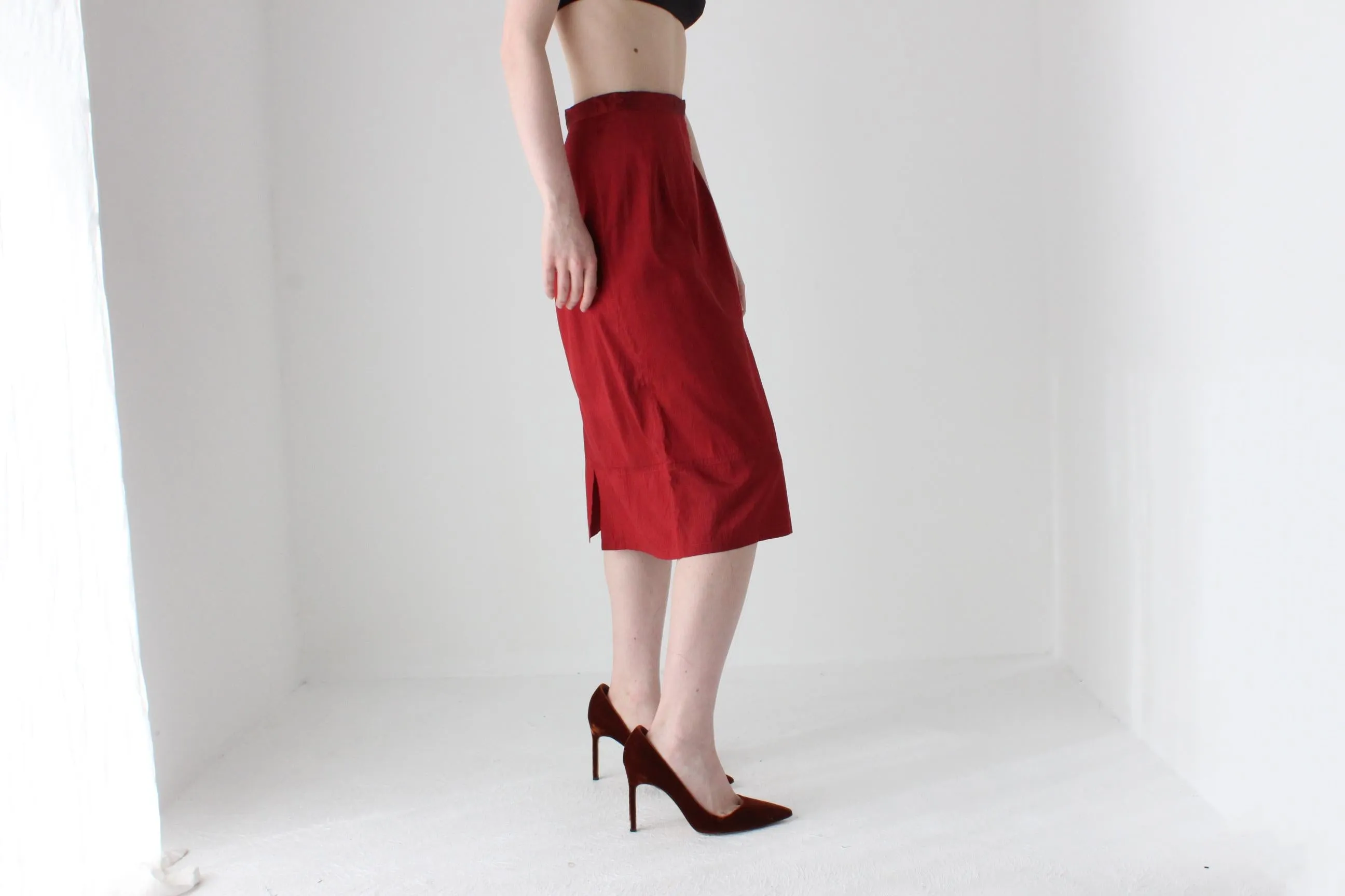 90s Red Silk Simple Knee Length Column Skirt