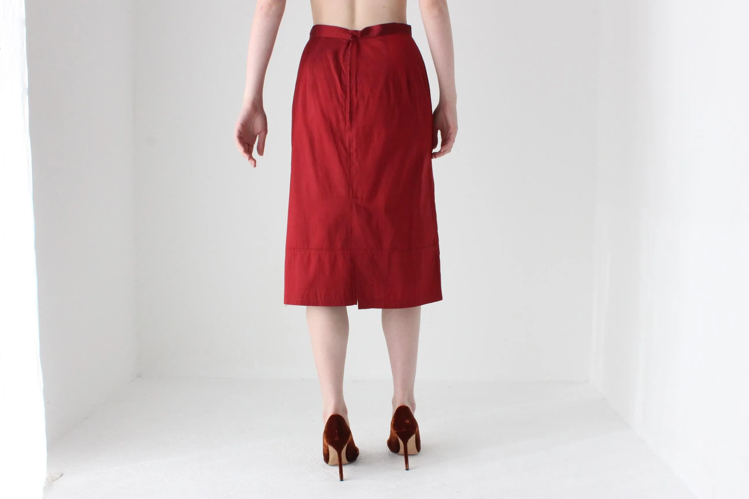 90s Red Silk Simple Knee Length Column Skirt