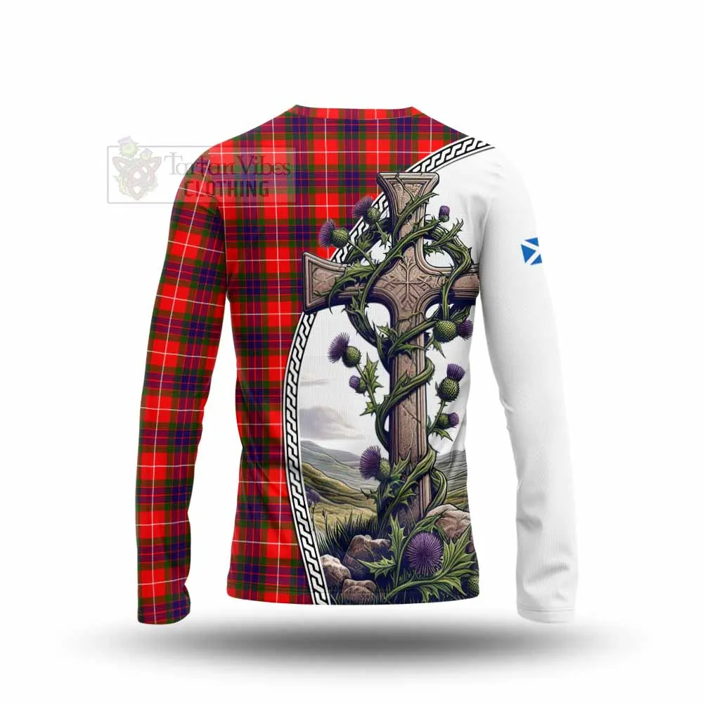 Abernethy Tartan Long Sleeve T-Shirt with Family Crest and St. Andrew's Cross Accented by Thistle Vines