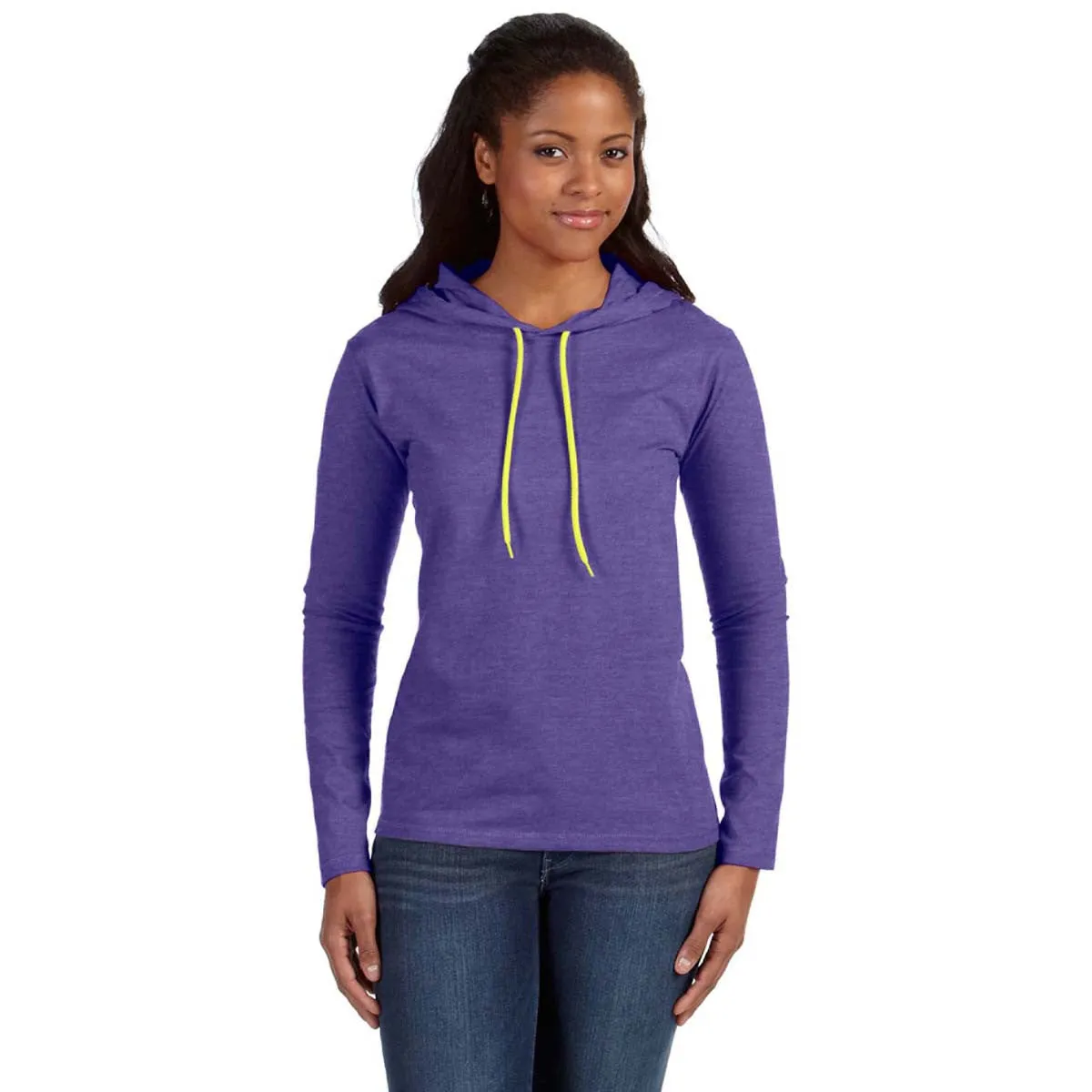 Anvil Women's Heather Purple/Neon Yellow Long-Sleeve Hooded T-Shirt