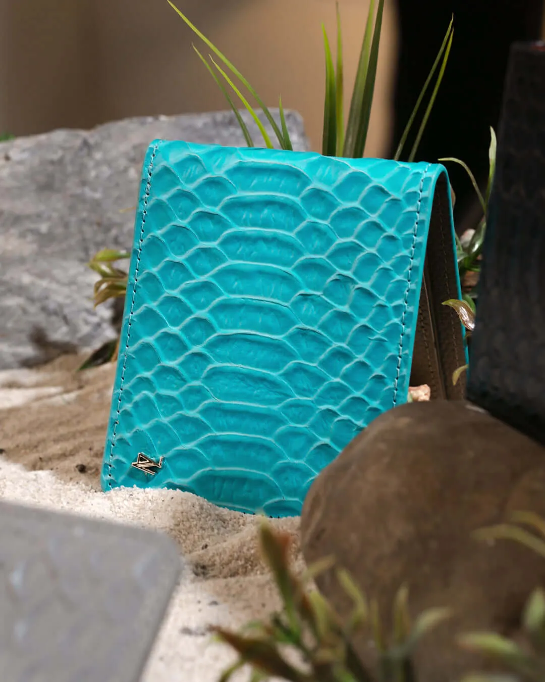 Artemis Python Wallet - Aqua and Beige Leather