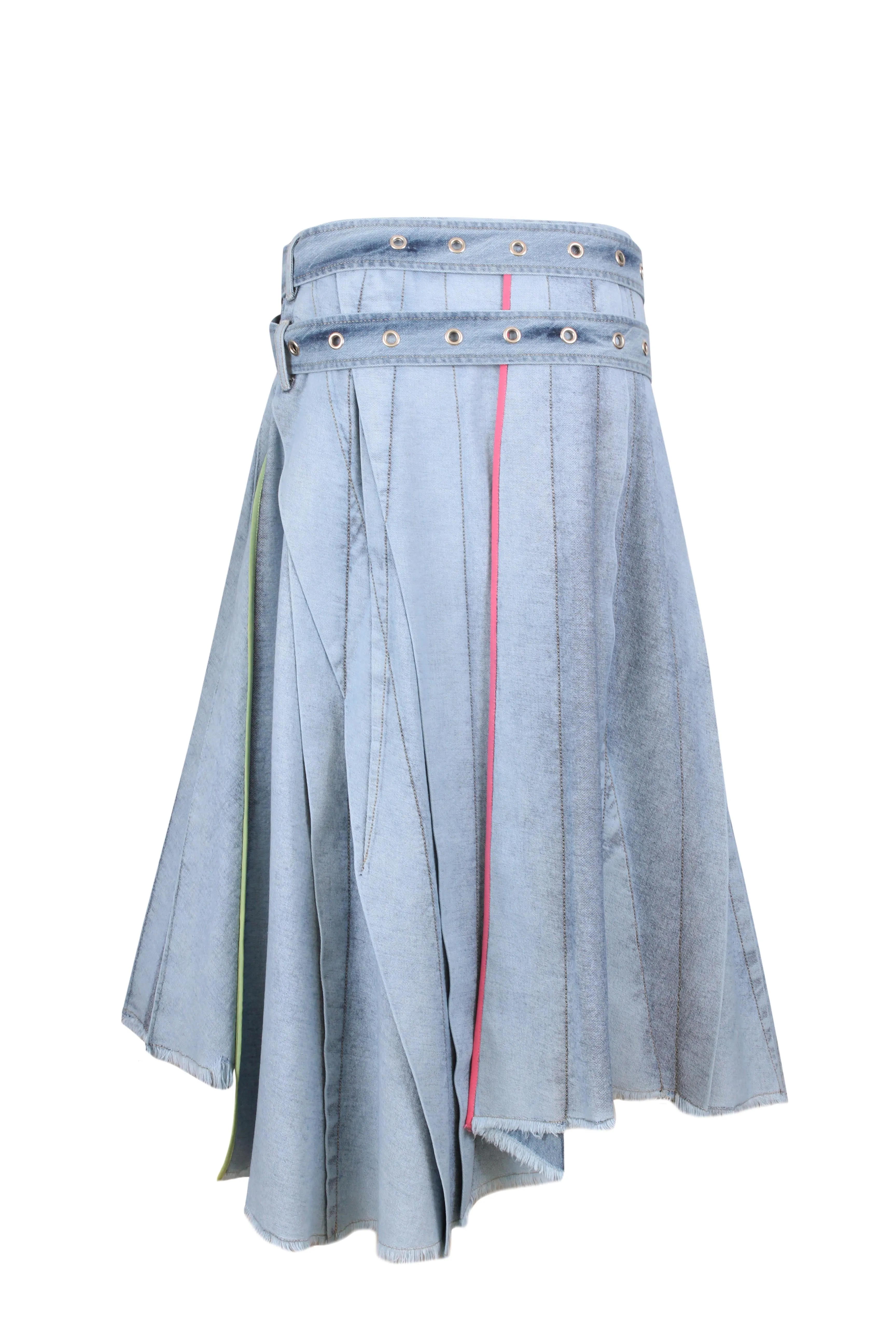 Asymmetric Washed Denim Pleats Skirt