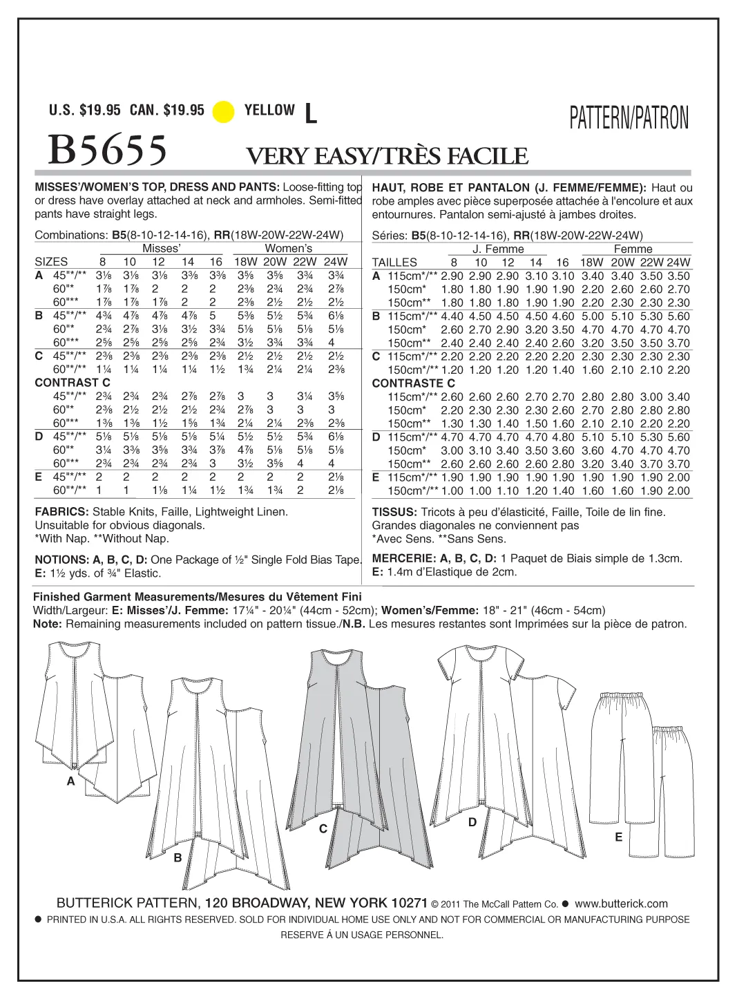 B5655 Misses'/Women's Top, Dress and Pants