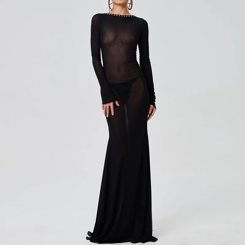 Backless strappy long-sleeved extra-long dress