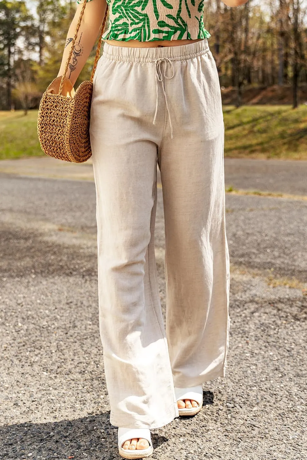 Beige Linen Pants with Elastic Waist and Drawstring