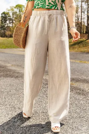 Beige Linen Pants with Elastic Waist and Drawstring