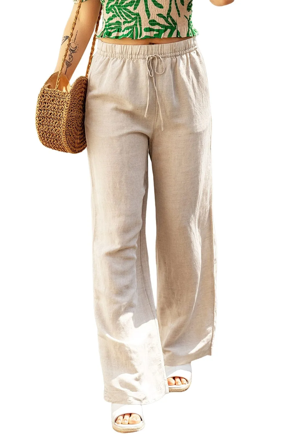 Beige Linen Pants with Elastic Waist and Drawstring