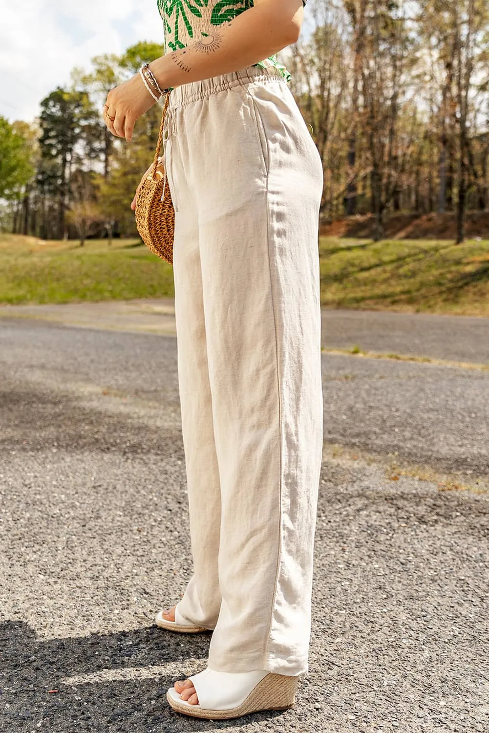 Beige Linen Pants with Elastic Waist and Drawstring