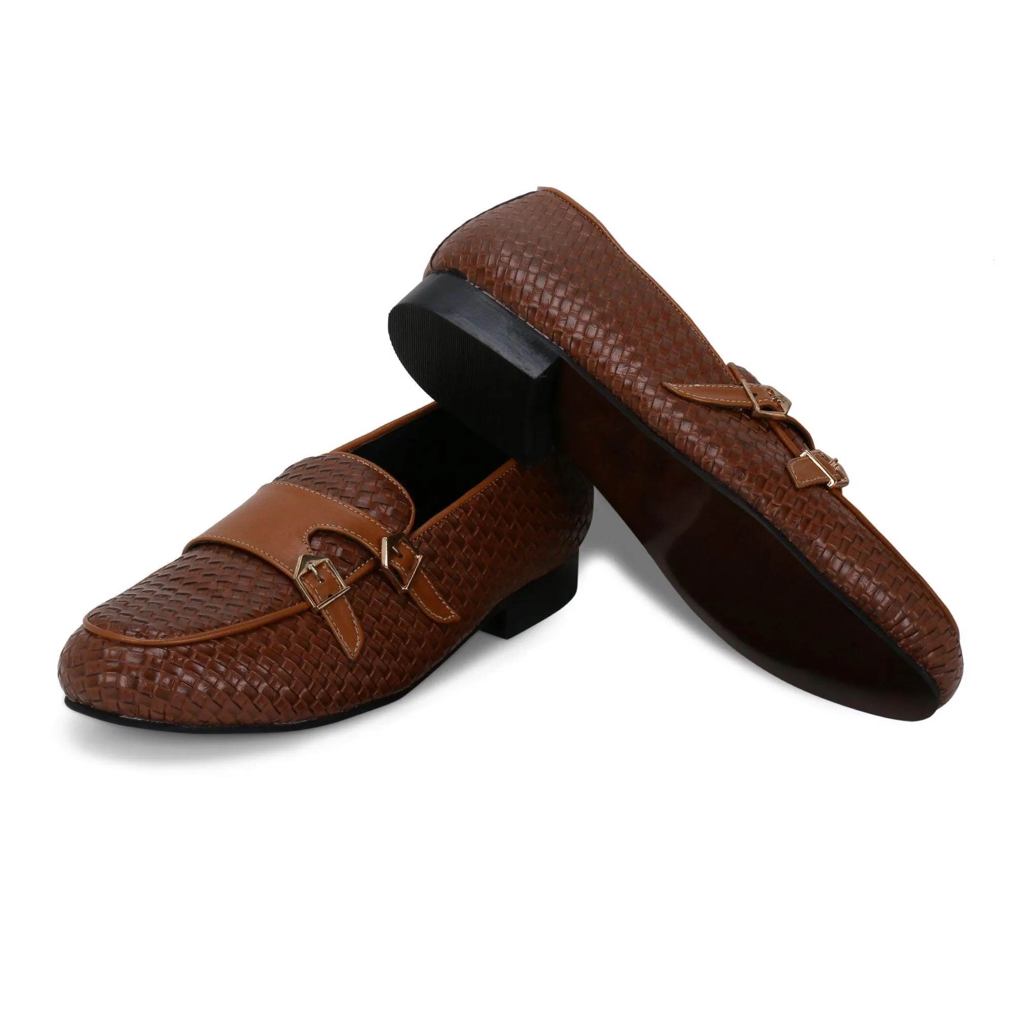 Bello Tan Braided Double Monk Loafers