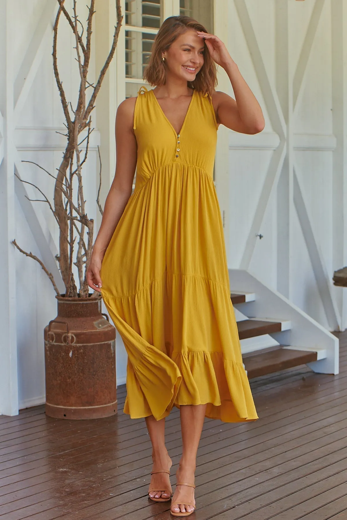 Bethanie Layered Midi Mustard Yellow Dress