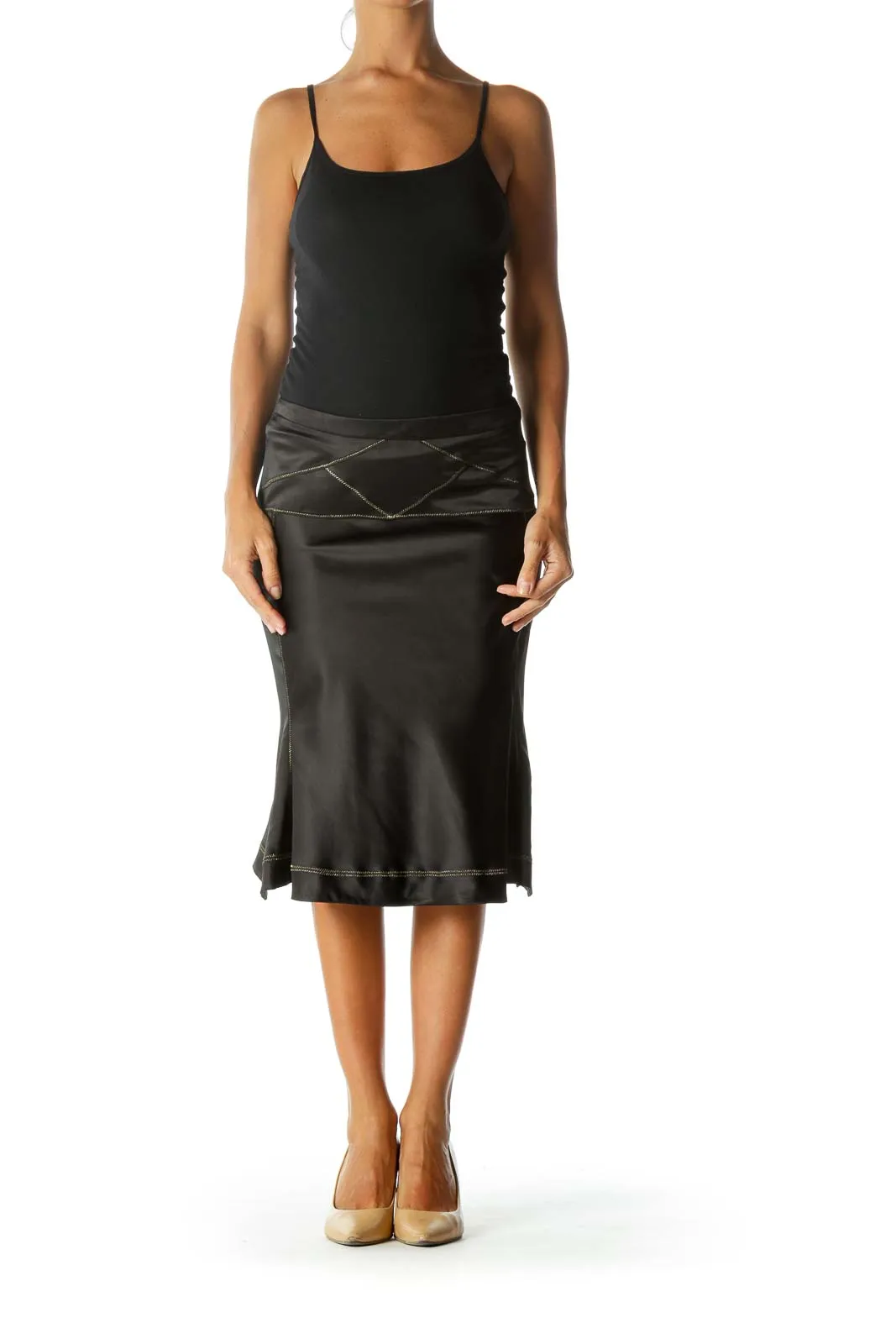 Black Flared Pencil Skirt with Gold Detail