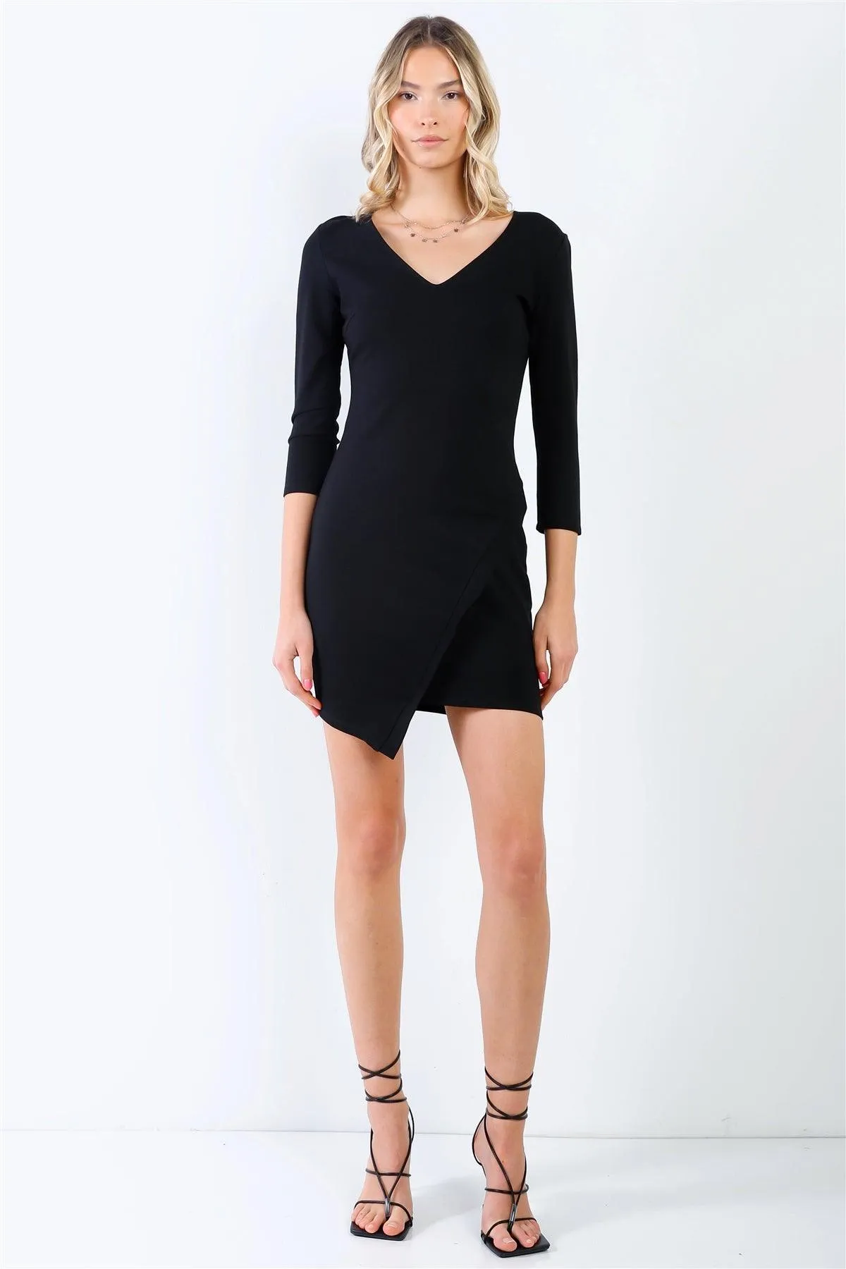 Black Midi Sleeve Asymmetrical Hem V-Neck Fitted Mini Dress /1-3-1