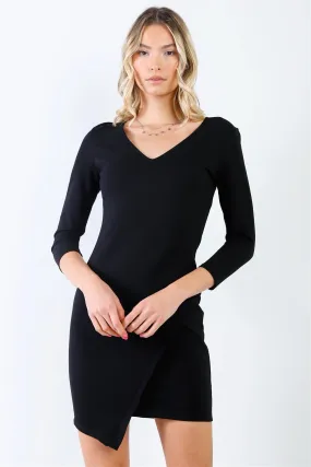 Black Midi Sleeve Asymmetrical Hem V-Neck Fitted Mini Dress /1-3-1