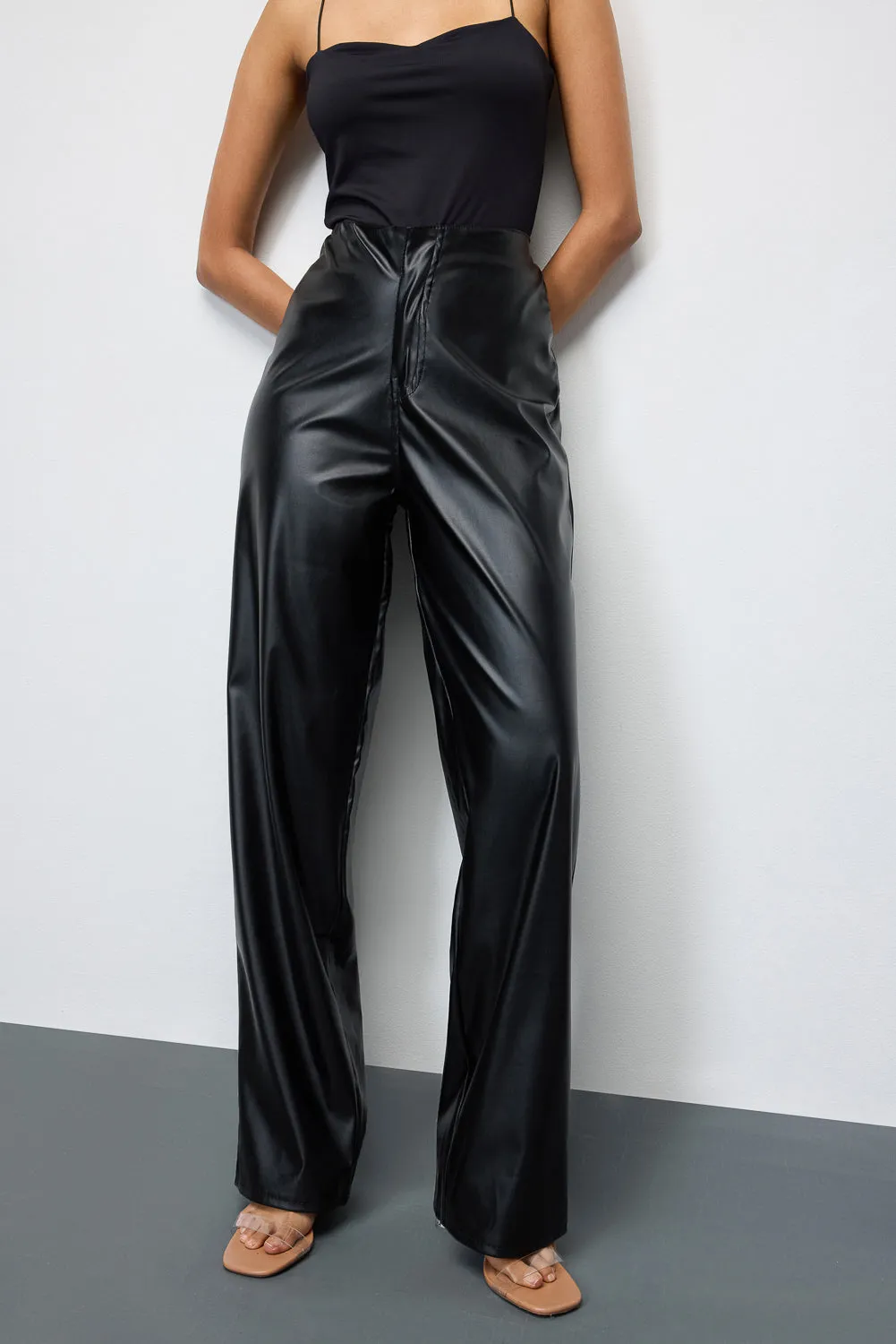 Black Straight Fit Leather Pants