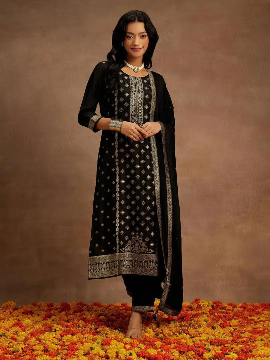 Black Woven Design Silk Blend Pakistani Suit