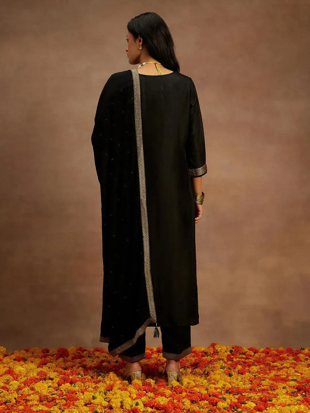 Black Woven Design Silk Blend Pakistani Suit