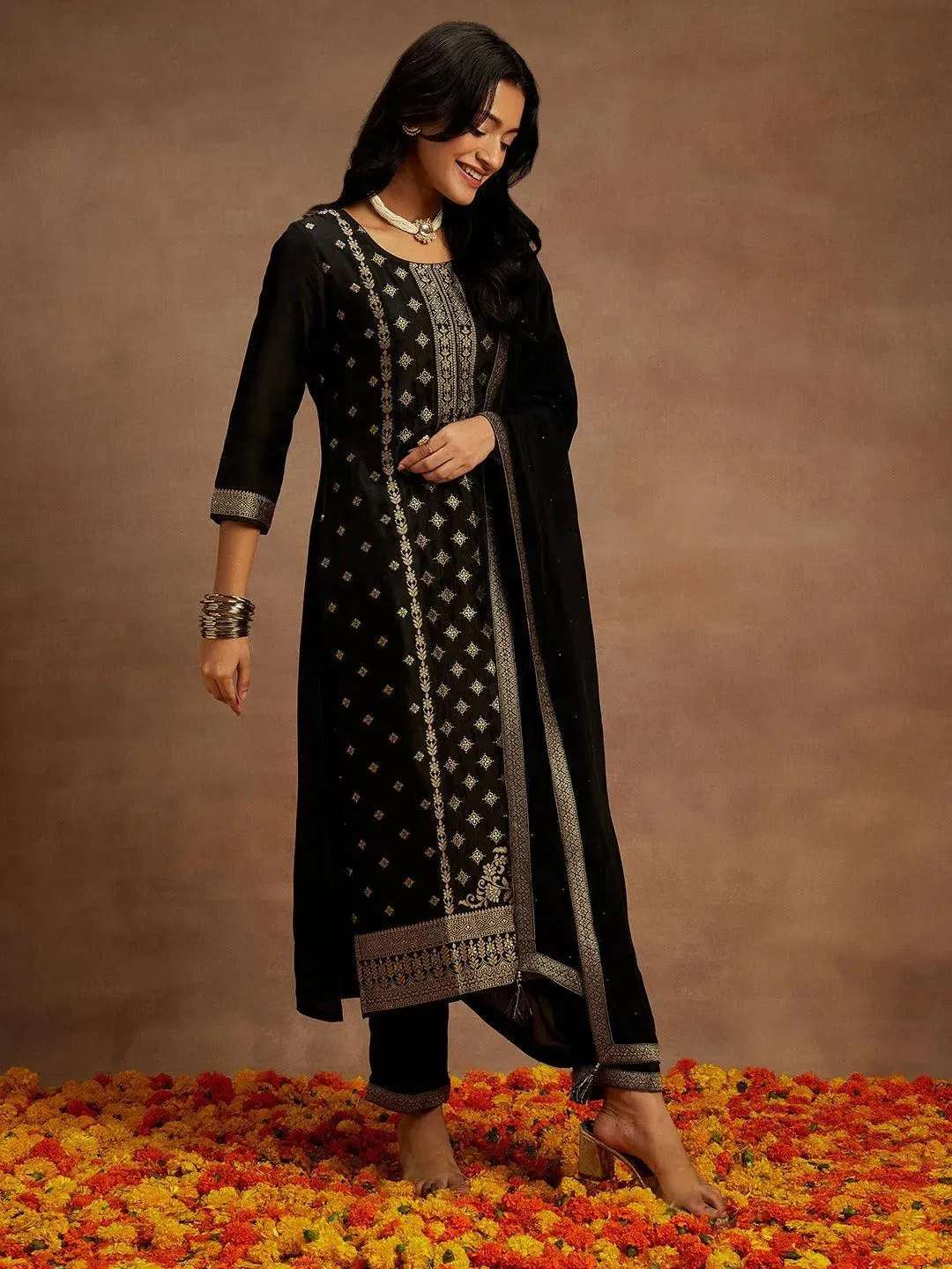 Black Woven Design Silk Blend Pakistani Suit