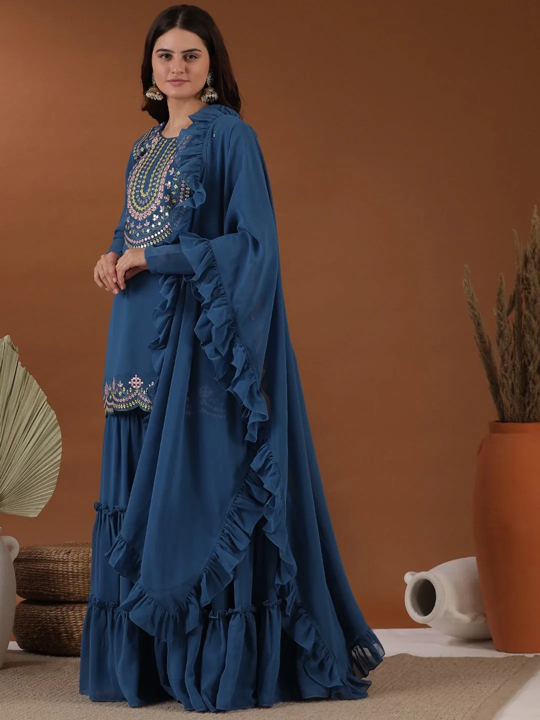 Blue Floral Yoke Design Regular Straight Kurta with Sharara & Dupatta