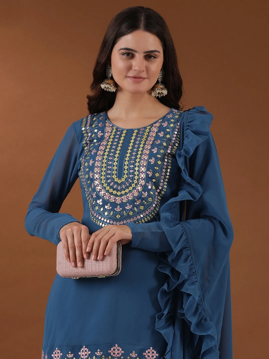 Blue Floral Yoke Design Regular Straight Kurta with Sharara & Dupatta