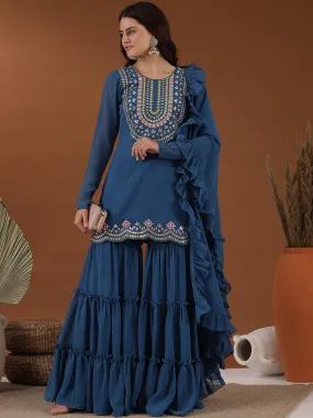 Blue Floral Yoke Design Regular Straight Kurta with Sharara & Dupatta