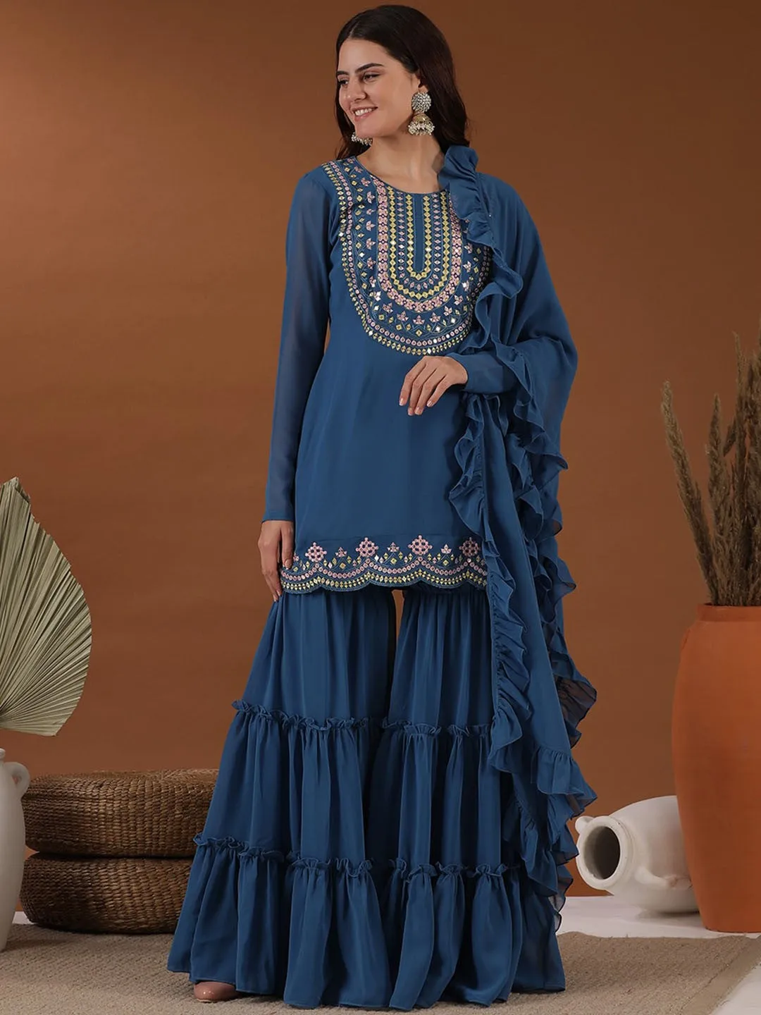 Blue Floral Yoke Design Regular Straight Kurta with Sharara & Dupatta