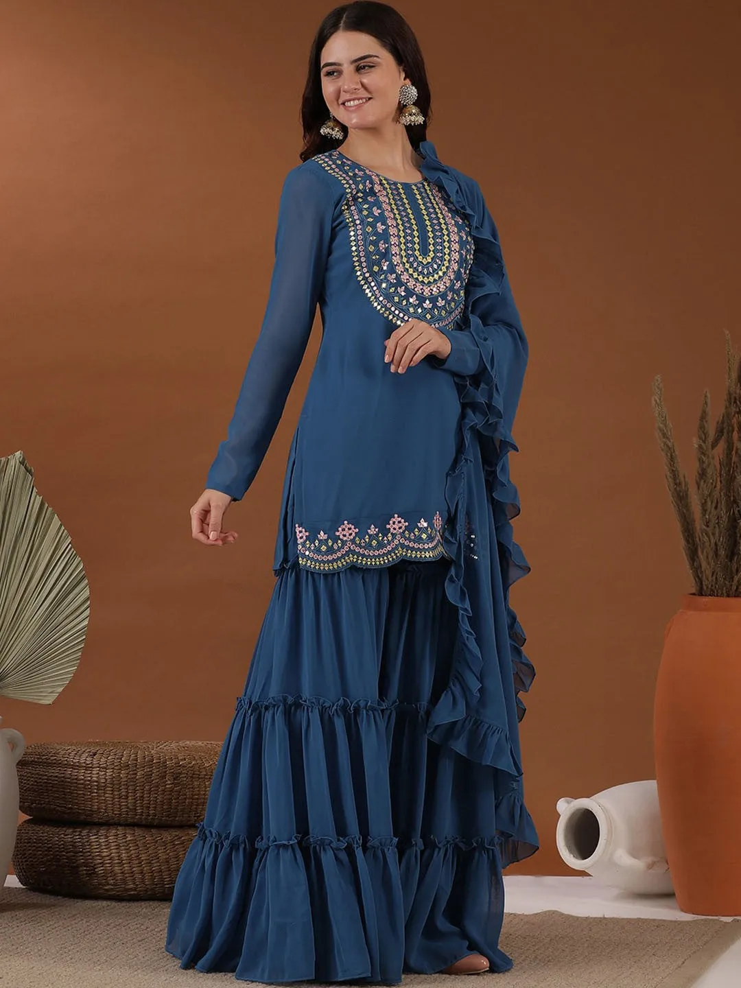 Blue Floral Yoke Design Regular Straight Kurta with Sharara & Dupatta