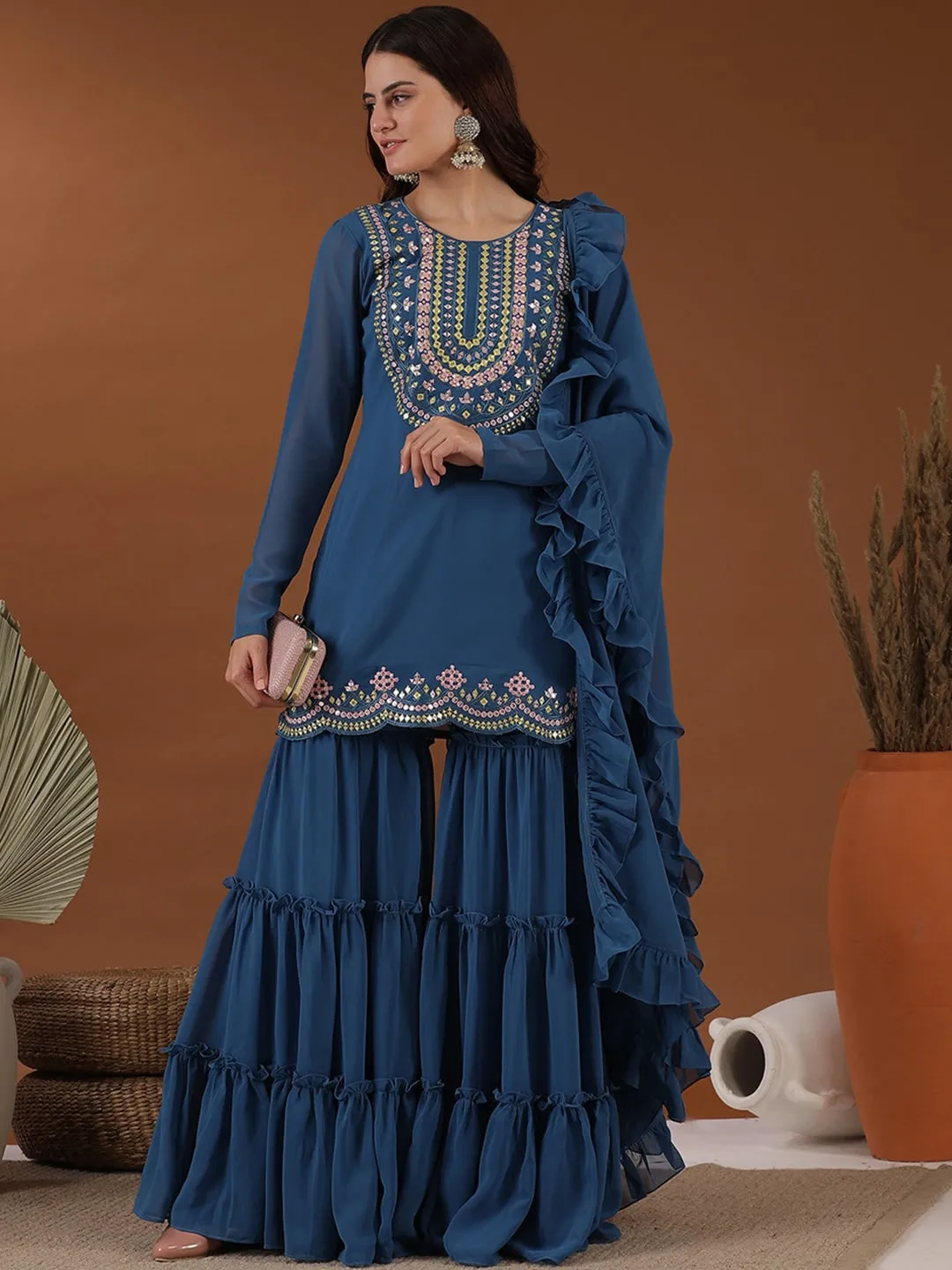 Blue Floral Yoke Design Regular Straight Kurta with Sharara & Dupatta