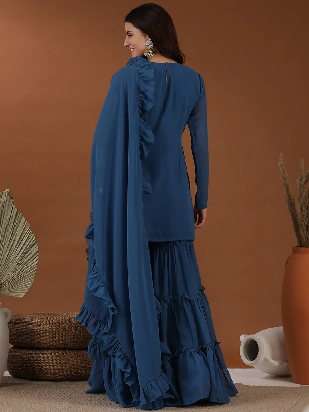 Blue Floral Yoke Design Regular Straight Kurta with Sharara & Dupatta