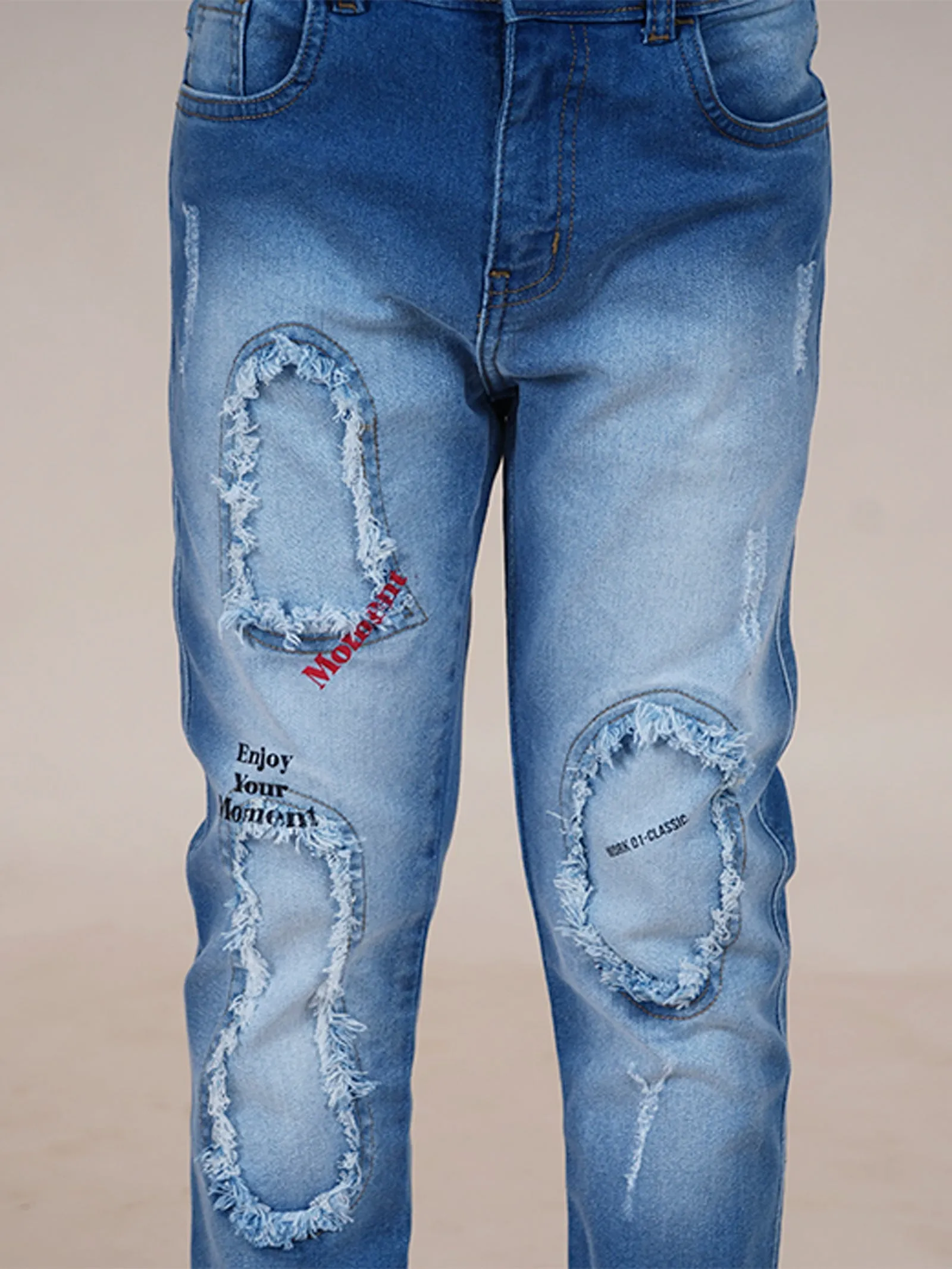 Boys Full Length Patch Denim Jeans With Text Print & Elasticated Waistband