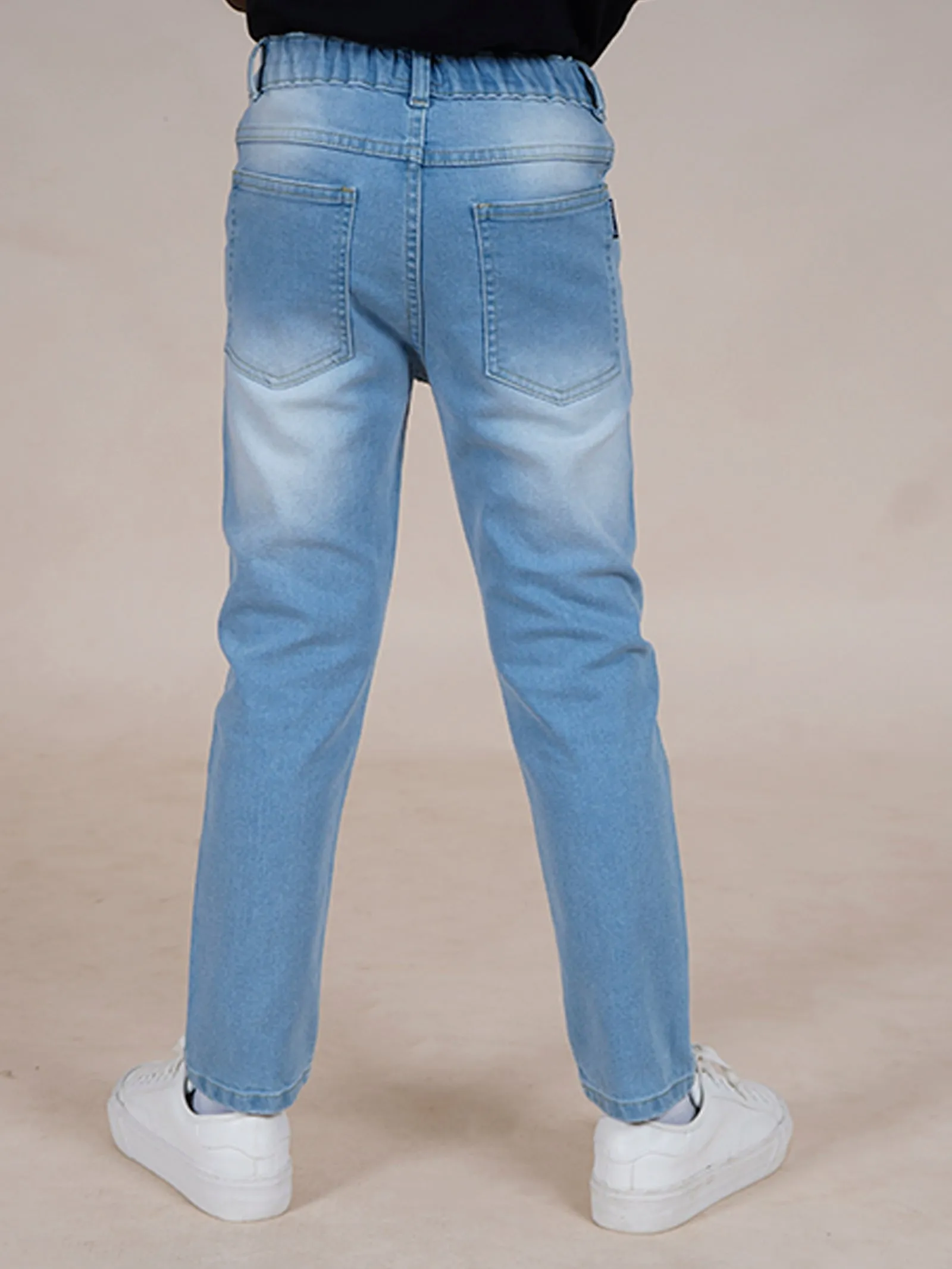 Boys Full Length Patch Denim Jeans With Text Print & Elasticated Waistband