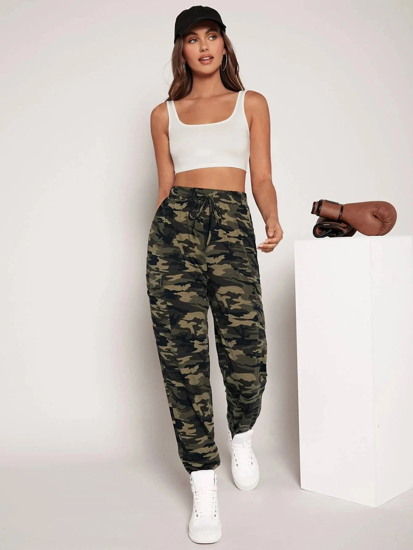 Camo Print Drawstring Waist Cargo Pants