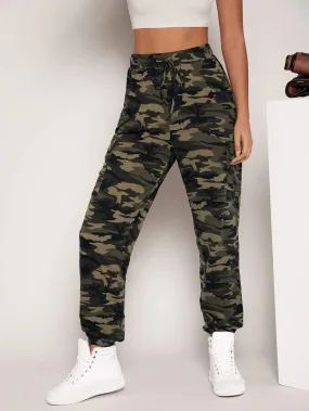 Camo Print Drawstring Waist Cargo Pants