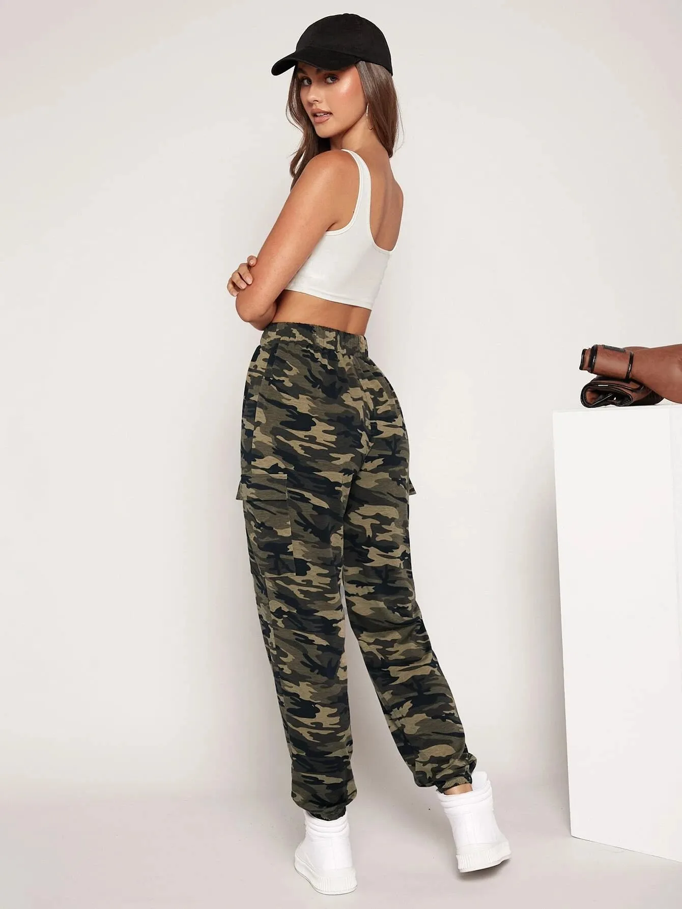 Camo Print Drawstring Waist Cargo Pants