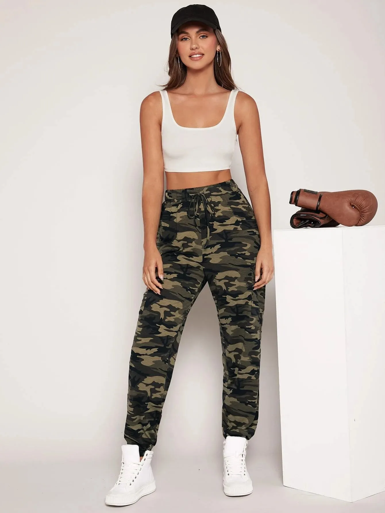 Camo Print Drawstring Waist Cargo Pants