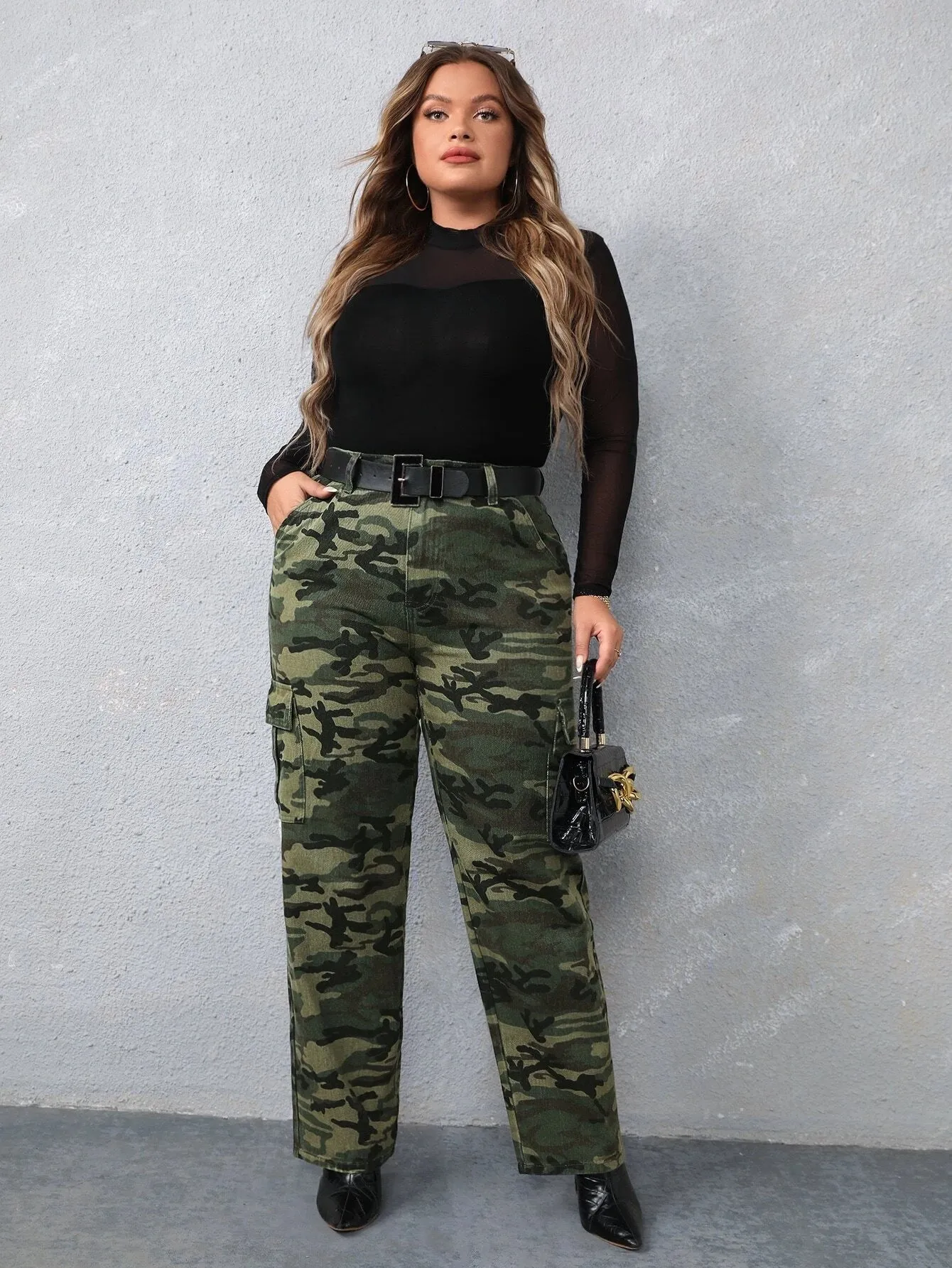 Camo Print High Rise Cargo Jeans