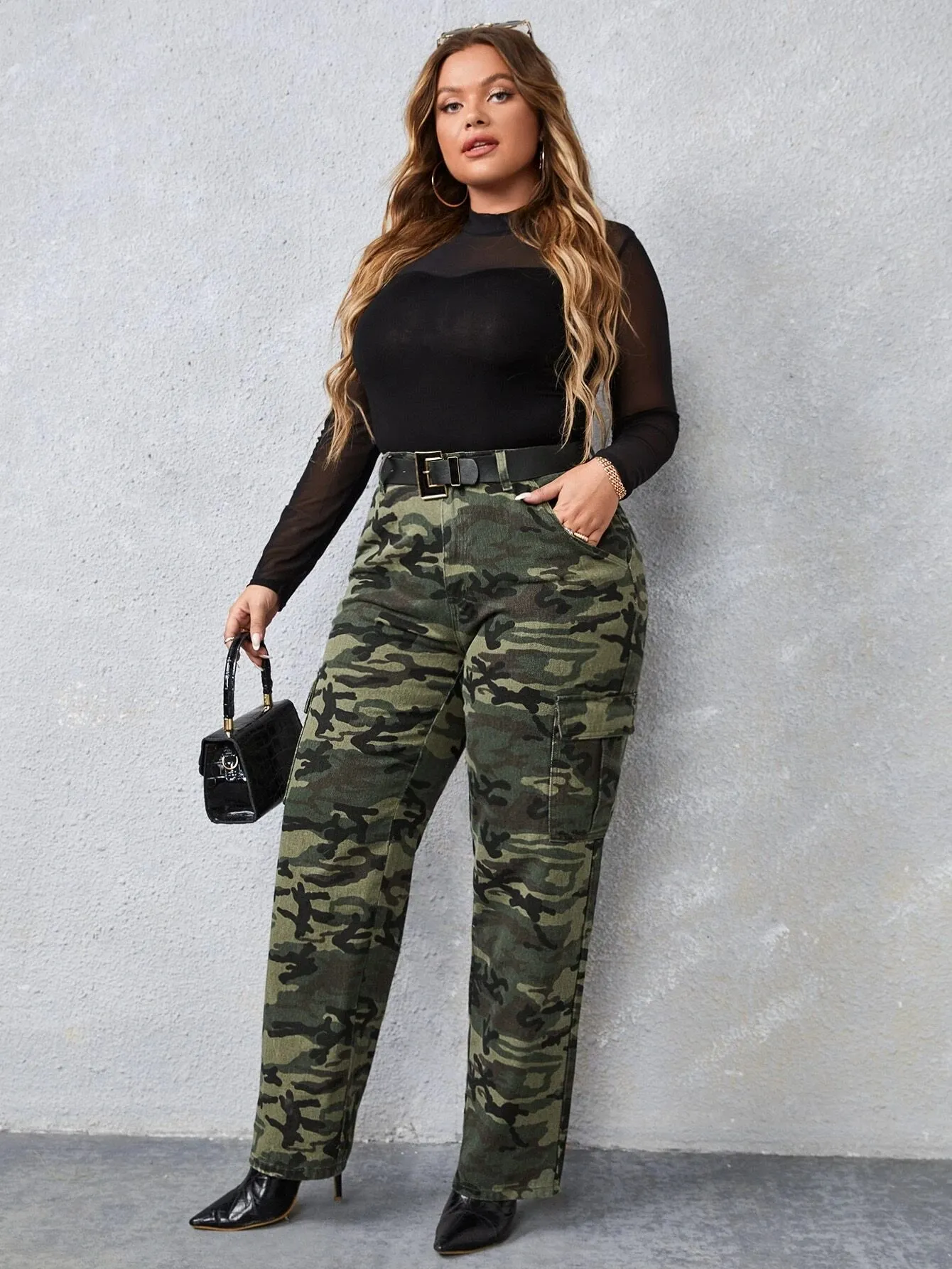 Camo Print High Rise Cargo Jeans