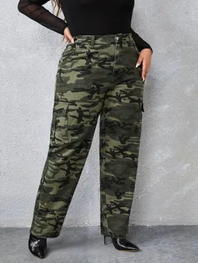 Camo Print High Rise Cargo Jeans