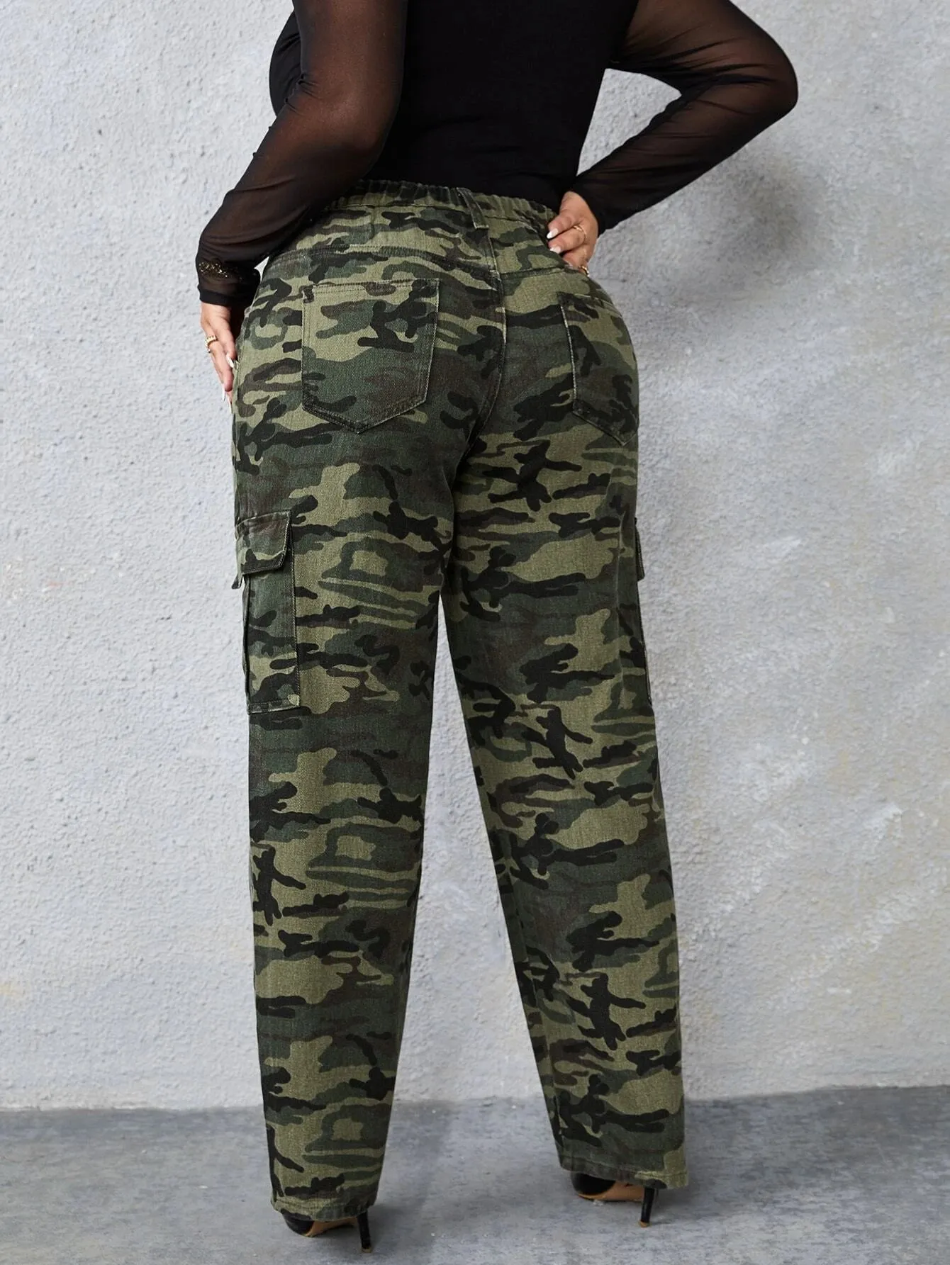 Camo Print High Rise Cargo Jeans