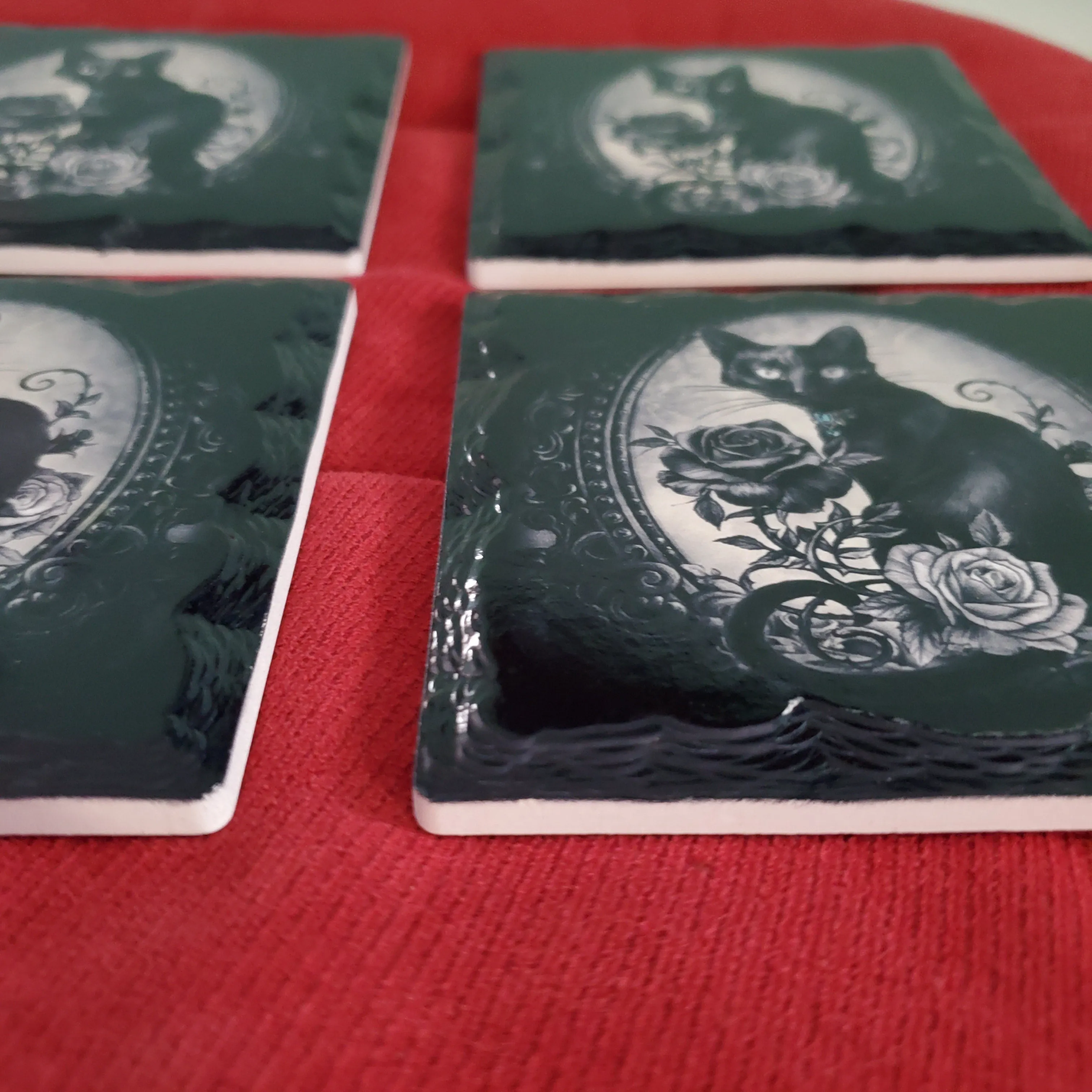 Ceramic Cat & Rose Coasters