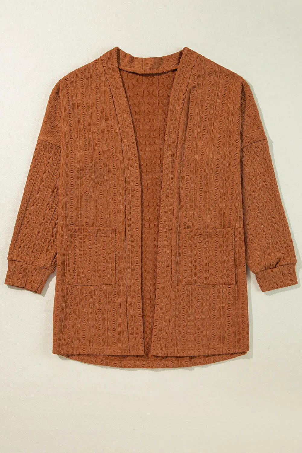 Chestnut Textured Knit Side Pockets Open Front Cardigan