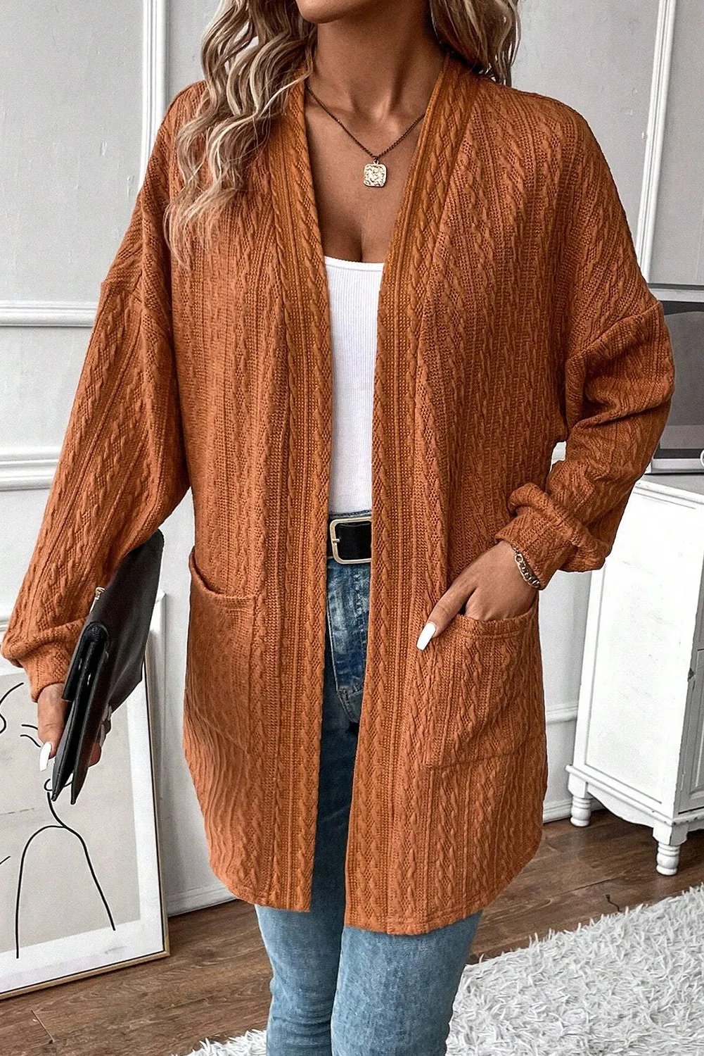 Chestnut Textured Knit Side Pockets Open Front Cardigan