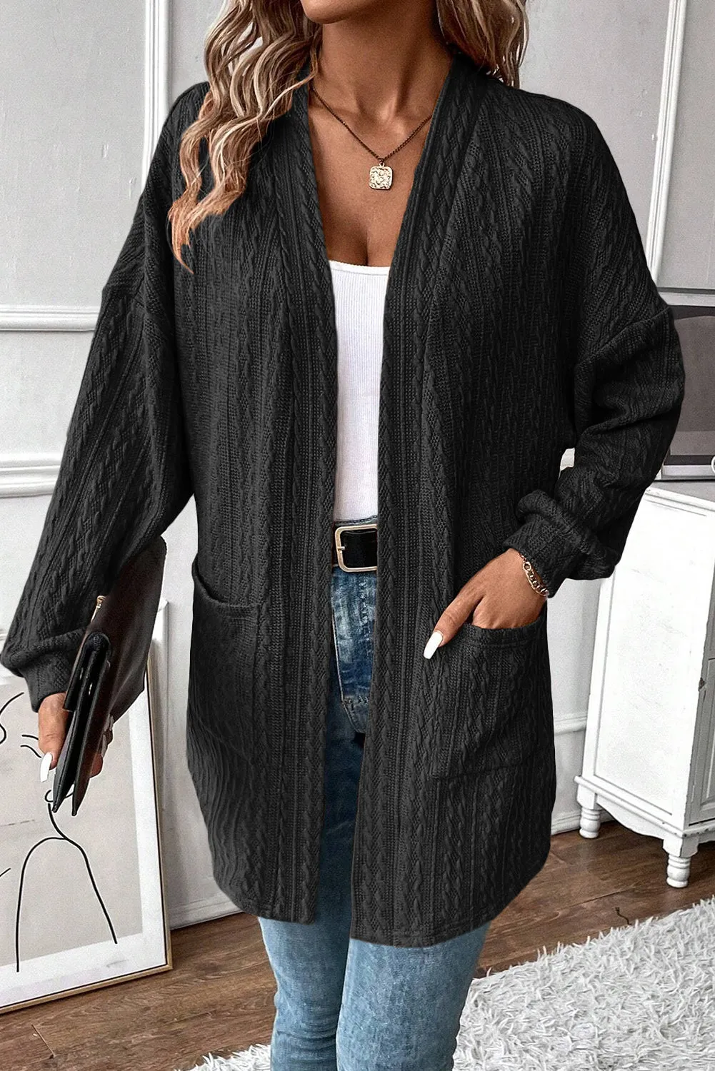 Chestnut Textured Knit Side Pockets Open Front Cardigan