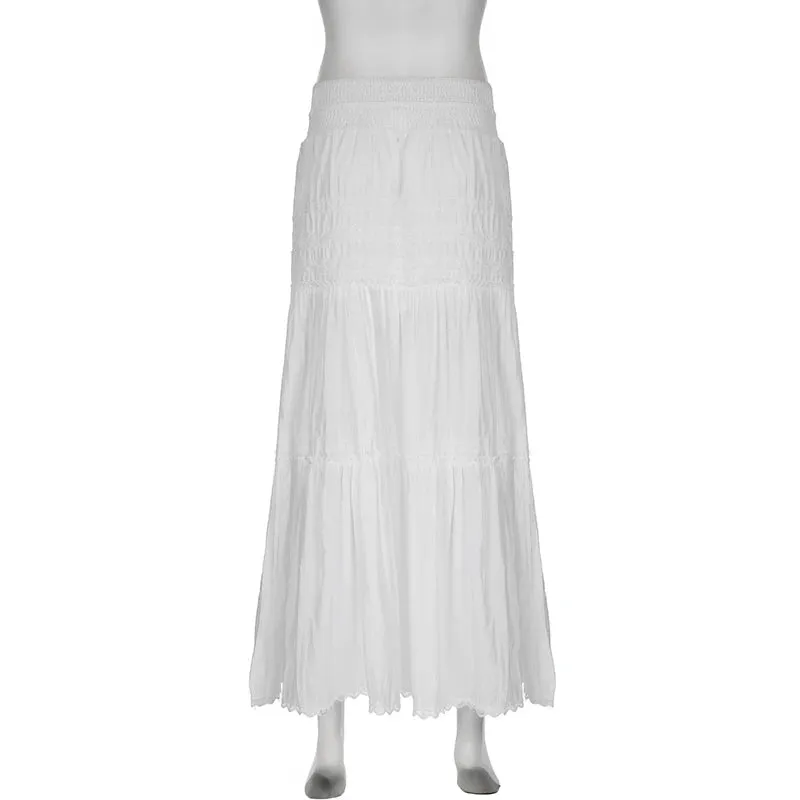 Chic Boho Vacation White Maxi Skirt Loose Low Waist Fashion Lace Trim Folds Female Skirt Long Tie Up Fairycore Bottom