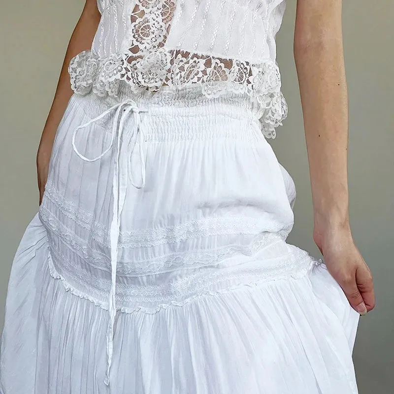 Chic Boho Vacation White Maxi Skirt Loose Low Waist Fashion Lace Trim Folds Female Skirt Long Tie Up Fairycore Bottom