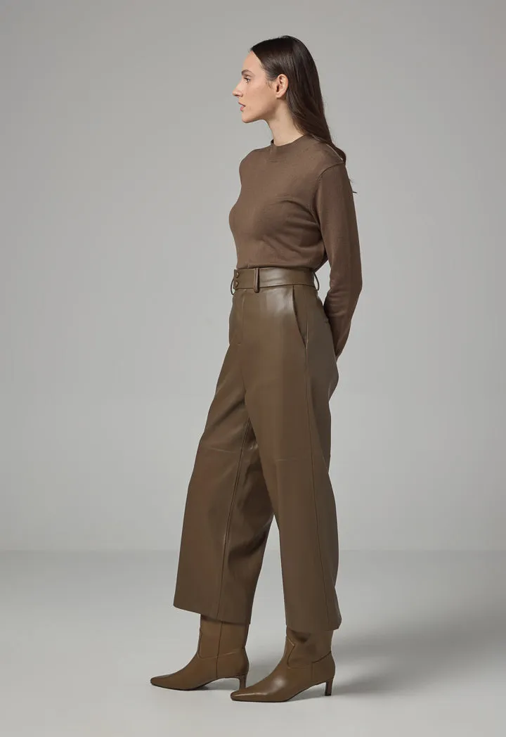 Choice Solid Pu Leather Wide Legs Trousers Khaki